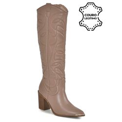 Bota Texana de Couro e Cano Longo Via Marte Bege 079-002-01