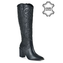 Bota Texana de Couro e Cano Longo Via Marte Preto 079-002-01
